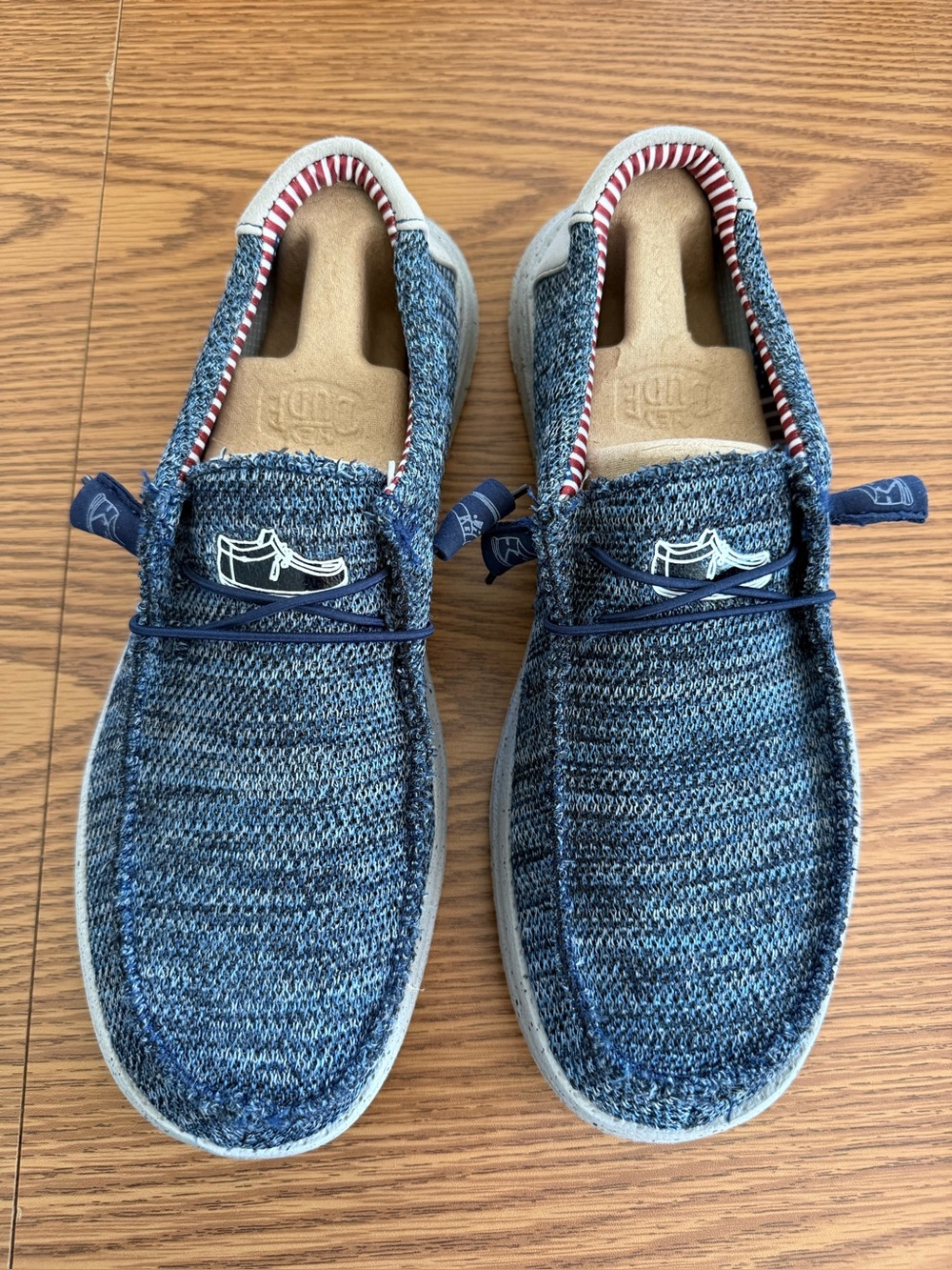 Like Hey Dude.size 11, soft inside, blue knit outer, patriotic inside